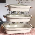 Set of 3 White Ceramic Food Warmers wooden handles.