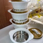 Set of 4 white flowered stainless Hotpots (1lt - 3lts)