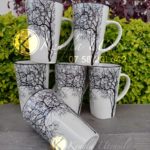 Set of 6 long white ceramic tree mugs
