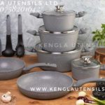 15pc Grey Speckled EDENBERG Nonstick Cookware set with kitchen tools. EB-5620