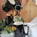 Set of 6 Black Hexagon ceramic cups with a wooden stand