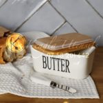 White Ceramic Butter Dish, 22oz Large Butter Dish Ceramic Container with Bamboo Lid and Knife