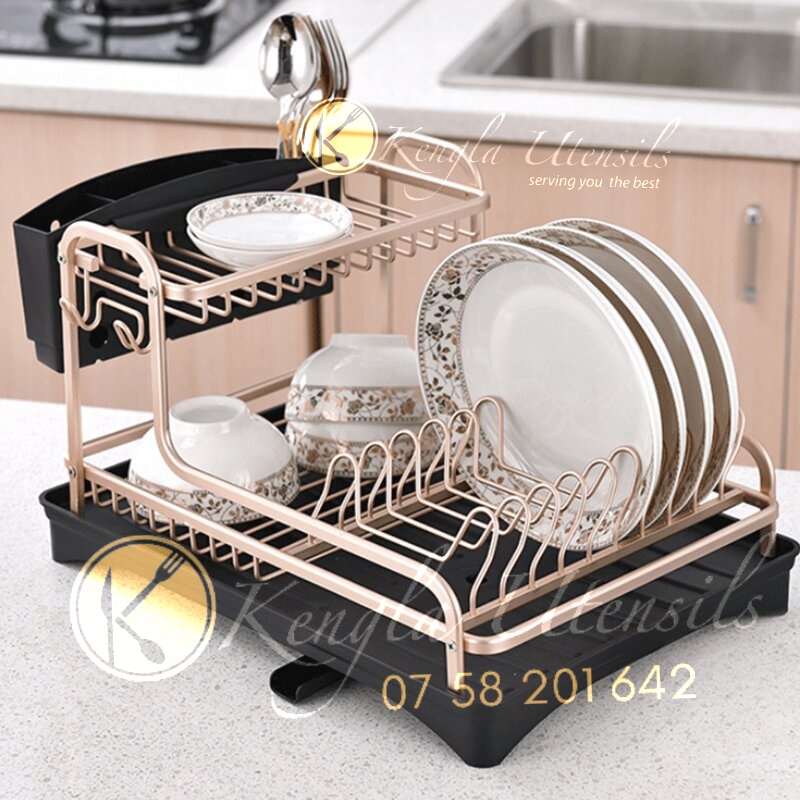 Dish Drying Rack for Kitchen Bowl Cup Drainboard Double layer Tray Rose  Gold
