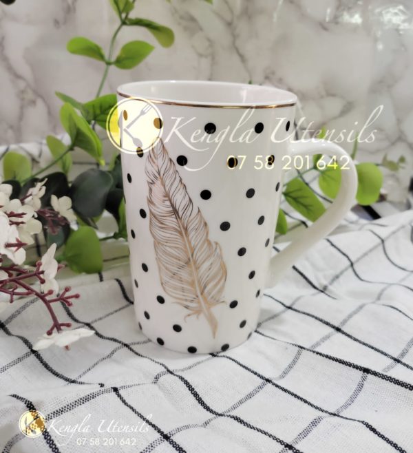 GOLD FEATHER BLACK POLKA DOTS CERAMIC MUG