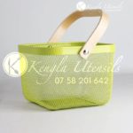 MESH WIRE BASKET WITH WOOD HANDLE,LIME GREEN