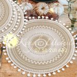 Set of 6 Round Jute table Mats with White Pompom Tassels.
