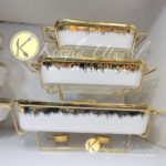 Set of 3 Rectangular Gold white Porcelain Casserole with Warmer Rack.Ceramic food warmer Set