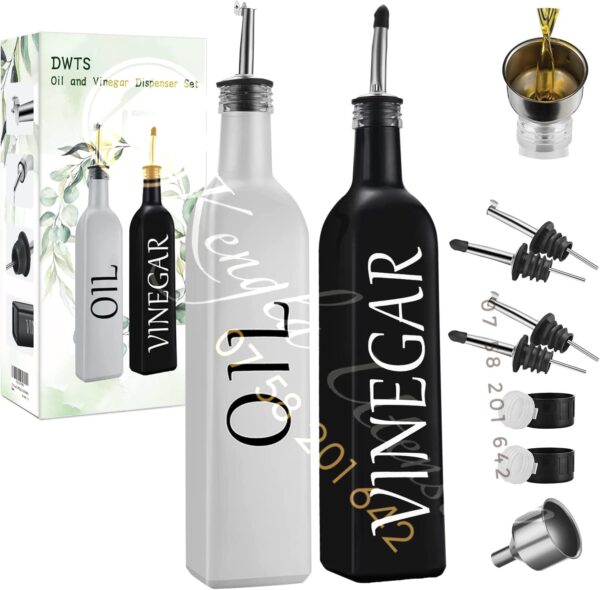 Oil and Vinegar Dispenser Set  White Olive Oil Dispenser Bottle and Black Vinegar Bottle with Stainless Steel Pouring Spout and Holder.