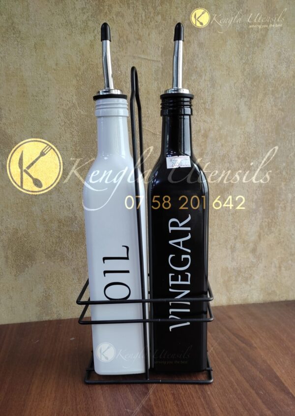 Oil and Vinegar Dispenser Set  White Olive Oil Dispenser Bottle and Black Vinegar Bottle with Stainless Steel Pouring Spout and Holder.