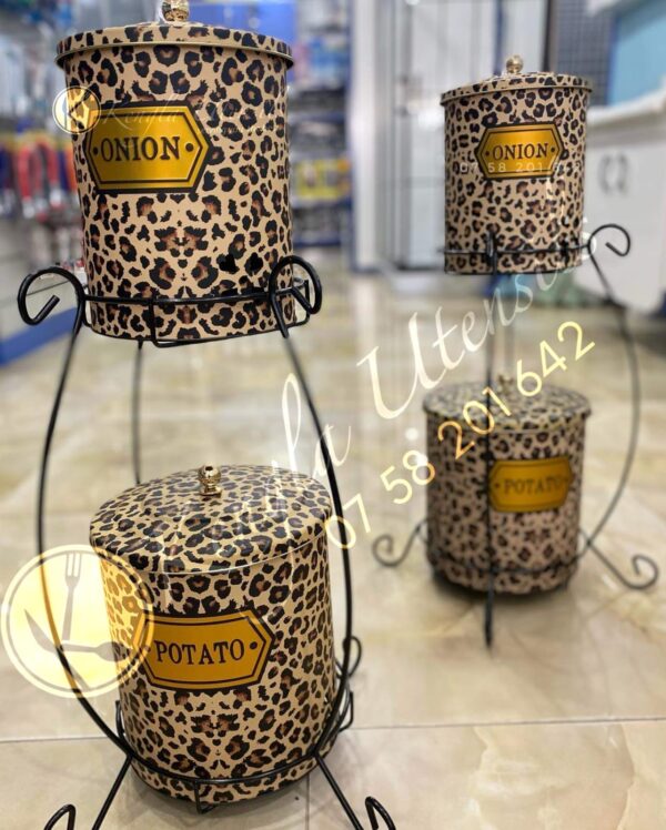 2 Tier Large Metal Potato Onion Bucket. storage Rack - Cheetah print