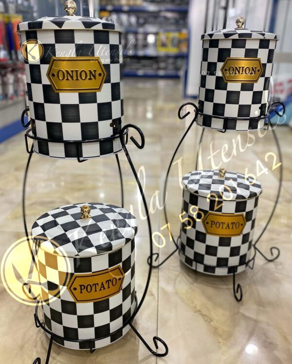 2 Tier Large Metal Potato Onion Bucket. storage Rack - Chess print