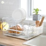 2 Tier Dish Drying Rack Kitchen Organizer with Drain Board, Utensil Holder – White