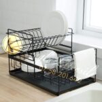 2 Tier Dish Drying Rack Kitchen Organizer with Drain Board, Utensil Holder – Black