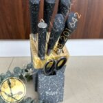 BASS STAINLESS STEEL SUPER SHARP MODERN KNIFE WOODEN STAND 8-PIECE SET, KITCHEN KNIFE SET (Grey)