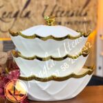 Set of 3 Oval white Gold Rim Boat Different Sizes Ceramic Serving Bowls With ceramic Lid.