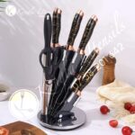 Kitchen Knife Set, 9-Pieces Black Rose Gold marble cracked effect Handle Knife Set for Kitchen, Ultra Sharp Non-stick Knife Set with Acrylic Stand