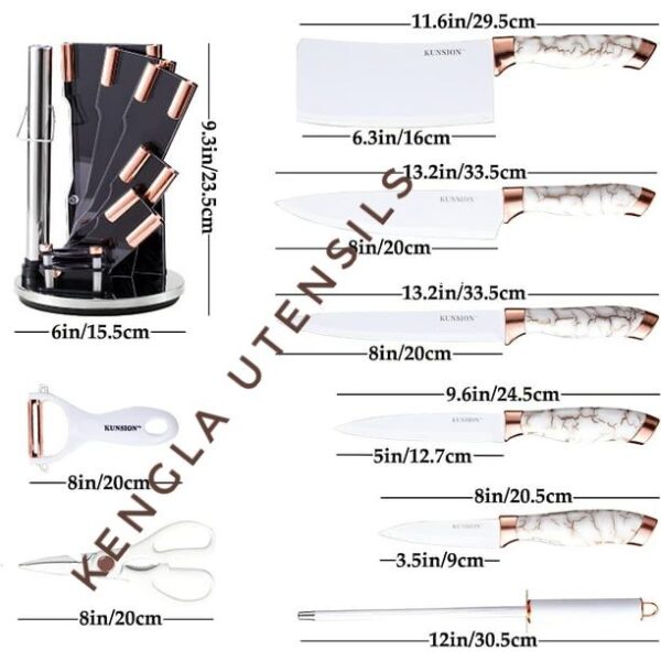 Kitchen Knife Set, 9-Pieces Black Rose Gold marble cracked effect Handle Knife Set for Kitchen, Ultra Sharp Non-stick Knife Set with Acrylic Stand