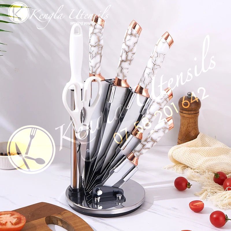  Champagne Gold Kitchen Knife Set Knives Set with Acrylic Block,  6 Pieces Sharp Knife Set, Stainless Steel Beautiful White Marbling Handle  Champagne Gold Blade Knife (White Handle/Champagne Gold Blade): Home 