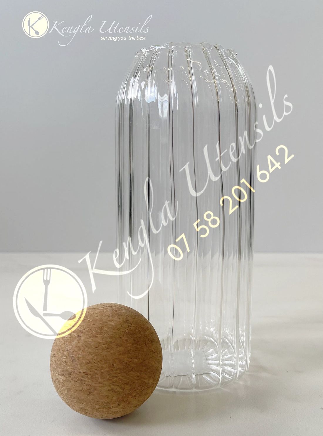 LONG RIBBED GLASS STORAGE JAR WITH CORK LID BALL – 1.8LT – Kengla Utensils