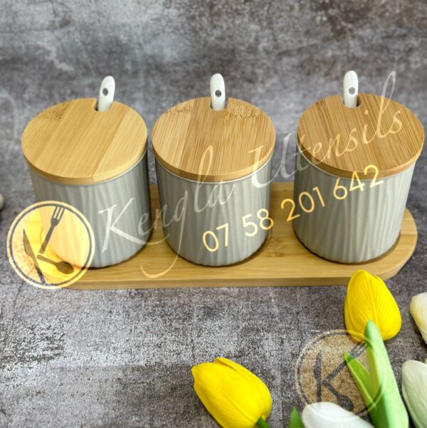 Set of 3 250Ml Ceramic Cannisters Seasoning Jar Set Of 3 With Tray and ceramic spoons. GREY