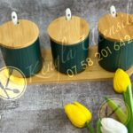 Set of 3 250Ml Ceramic Cannisters Seasoning Jar Set Of 3 With Tray and ceramic spoons.EMERALD GREEN