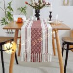 32X240cm(6-8seater) Rustic Table Runner, with Tassel Cotton Burlap Boho Moroccan Table Runner. MAROON AND WHITE
