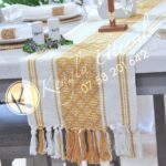 32X240cm(6-8seater) Rustic Table Runner, with Tassel Cotton Burlap Boho Moroccan Table Runner. MUSTARD AND WHITE