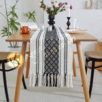 32X240cm(6-8seater) Rustic Table Runner, with Tassel Cotton Burlap Boho Moroccan Table Runner. BLACK AND WHITE