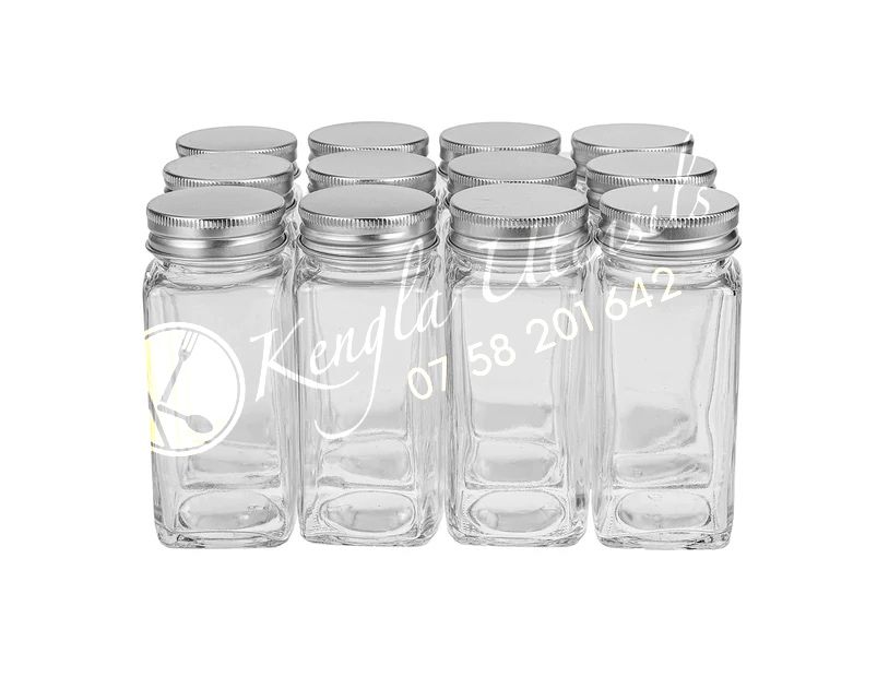 12 Piece Square Glass Spice Jars with Labels and Black Metal Lids