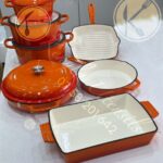 11 Piece Pre-seasoned cast iron enamel non stick cooking pot cookware set; high grade- ORANGE