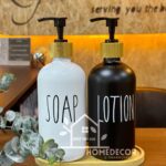 Set of two 500ml Glass Lotion and Soap Pump Dispenser Bottle with wooden Base.Black and White