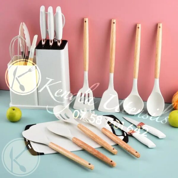 19PCS Kitchen Wares And Utensils Silicone Kitchen Utensil Set Stainless Steel Kitchen Knife Set WHITE