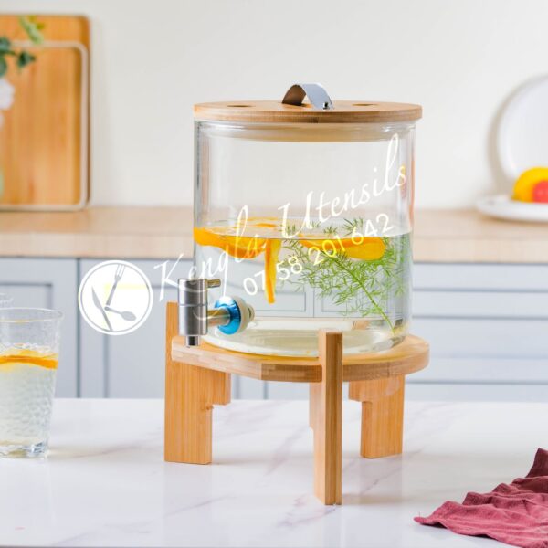 5Lt Glass Drink Dispenser Jar with Bamboo Lid and Stand.