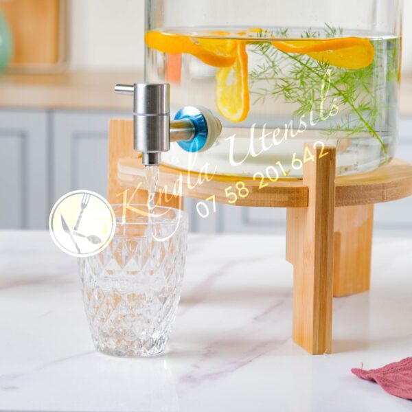 5Lt Glass Drink Dispenser Jar with Bamboo Lid and Stand.