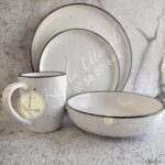 24-Piece Service for 6 White Black Rim Waterside Speckled Ceramic Dinner Set.