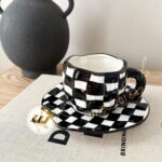 Trendy Aesthetic Irregular 260Ml Ceramic Cup and Saucer. - Checker Board