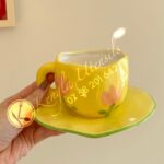 Trendy Aesthetic Irregular 260Ml Ceramic Cup and Saucer. - Tulips