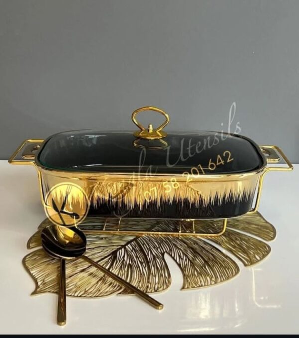 Set of 3 Rectangular Gold black Porcelain Casserole with Warmer Rack.Ceramic food warmer Set