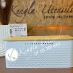 White Airtight metallic bread bin with bamboo lid.