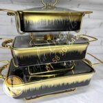 Set of 3 Rectangular Gold black Porcelain Casserole with Warmer Rack.Ceramic food warmer Set