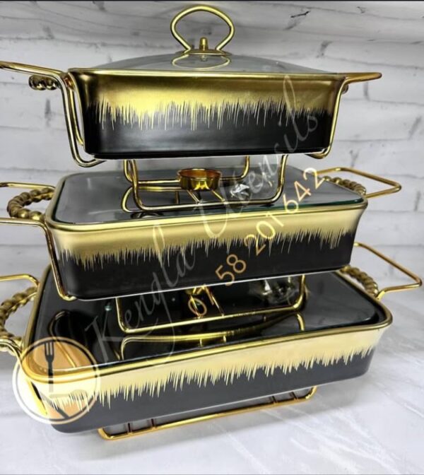 Set of 3 Rectangular Gold black Porcelain Casserole with Warmer Rack.Ceramic food warmer Set