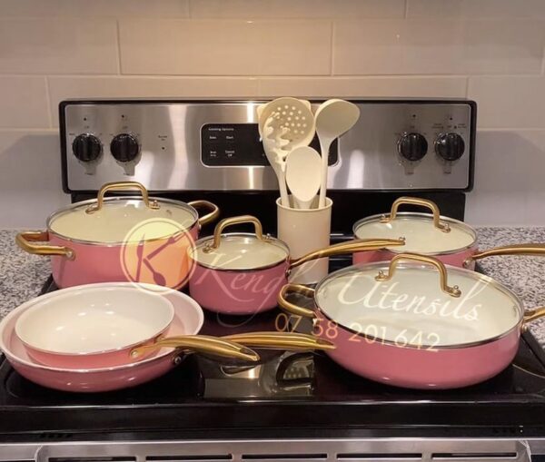 15pc Pink Gold Non Stick Ceramic Coating Pots and Pans Set Kitchen Cookware Sets with Cooking Utensils Set.🏷️13,500KES