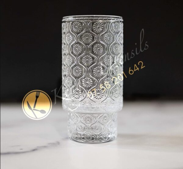 Set Of 6 330ml Vintage Floral Embossed Tall Glass Tumblers