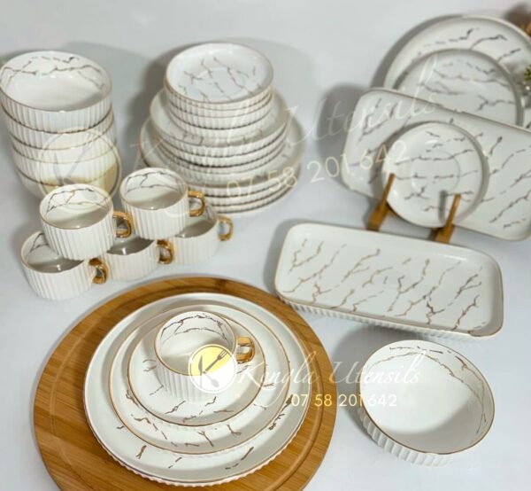 32PC  White Gold Marble Premium Ceramic Dinner Set with Shine Finish and Elegant Ribbed Texture.