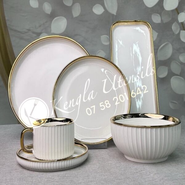 32PC White Gold Rim Premium Ceramic Dinner Set with Shine Finish and Elegant Ribbed Texture.