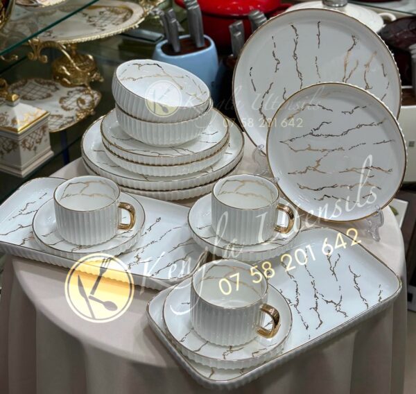 32PC  White Gold Marble Premium Ceramic Dinner Set with Shine Finish and Elegant Ribbed Texture.