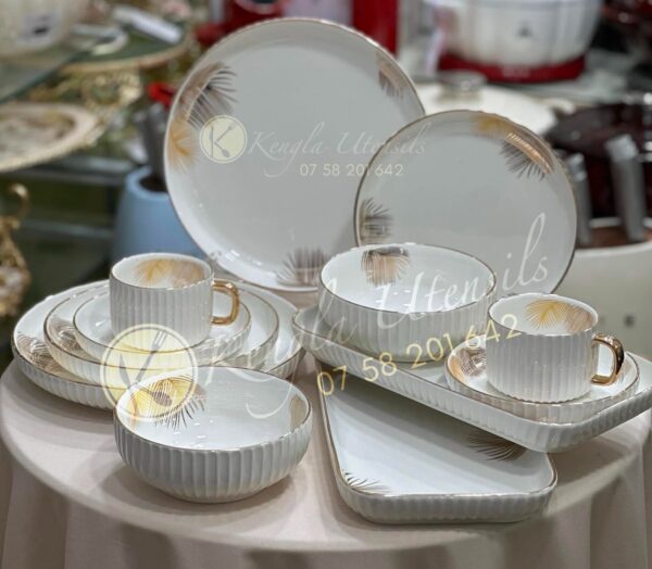 32PC Tropical White Gold Rim Premium Ceramic Dinner Set with Shine Finish and Elegant Ribbed Texture.