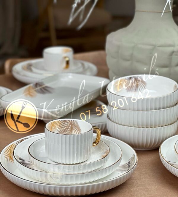 32PC Tropical White Gold Rim Premium Ceramic Dinner Set with Shine Finish and Elegant Ribbed Texture.