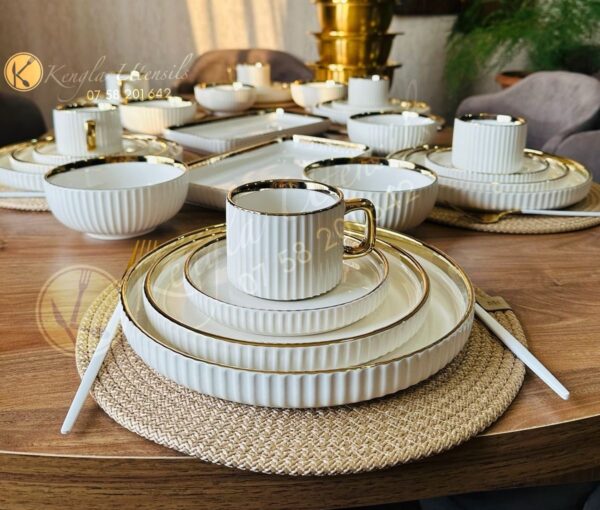 32PC White Gold Rim Premium Ceramic Dinner Set with Shine Finish and Elegant Ribbed Texture.