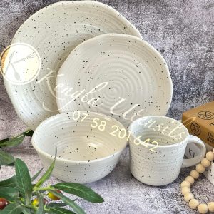 24-Piece WHITE IRREGULAR WITH BLACK SPLASHES Service for 6 Ceramic Dinnerware Set.